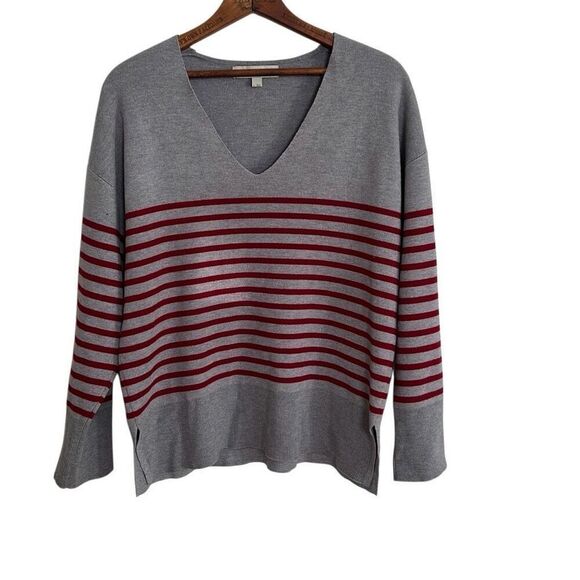 Loft Stripe V-Neck Long Sleeve Knit Pullover Sweater Gray Red Size Large - Picture 2 of 7
